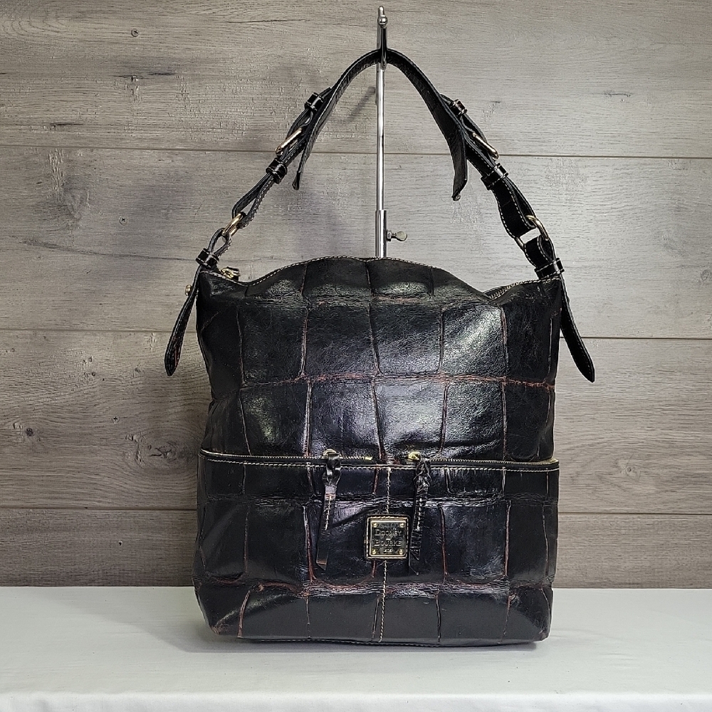 Large Dooney & Bourke Black Croc Embossed Leather Shoulder Bag